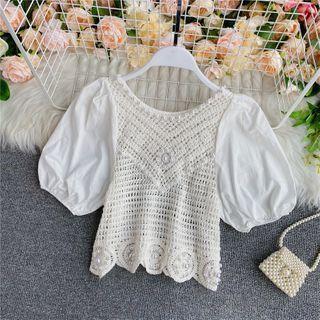 Crochet-lace Panel Puff-sleeve Blouse
