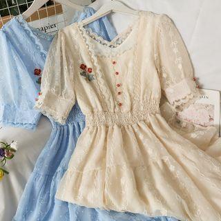Smocked-waist Embroidered Lace Midi Dress