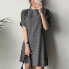 Puff Short-sleeve Checked A-line Dress