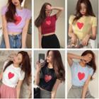 Short-sleeve Heart Print Cropped Knit Top