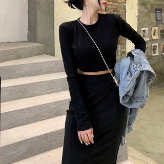 Set: Slim-fit Crop Top + High-waist Midi Skirt