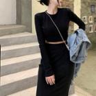 Set: Slim-fit Crop Top + High-waist Midi Skirt