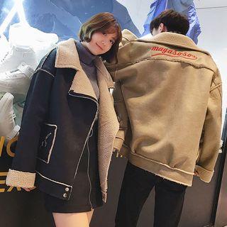 Contrast-trim Fleece-lining Embroidery Jacket