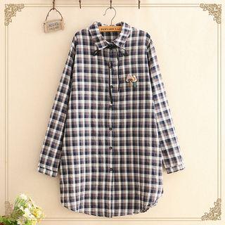 Mushroom Patch Bow-neck Check Long-sleeve Shirt
