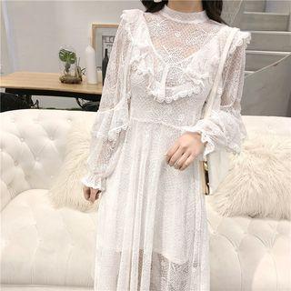 Set: Long-sleeve Lace Midi Dress + Spaghetti Strap Dress