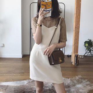 Set: Plain Short-sleeve T-shirt + V-neck Spaghetti Strap Dress