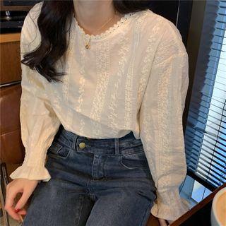 Lace Trim Bell-sleeve Blouse Almond - One Size