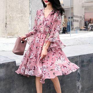 Elbow-sleeve Floral Print V-neck Chiffon Dress