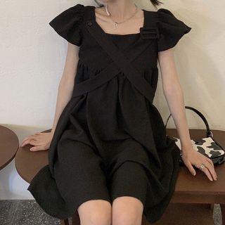 Puff-sleeve Square-neck Mini A-line Dress Black - One Size