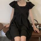 Puff-sleeve Square-neck Mini A-line Dress Black - One Size