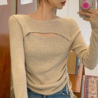 Long-sleeve Cutout Drawstring Knit Top