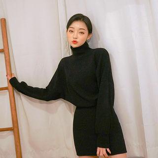 Mock-neck Tube-hem Rib-knit Dress