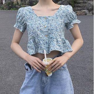 Short-sleeve Square-neck Floral Print Blouse