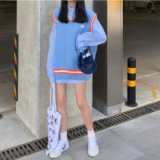 Striped Shirt / V-neck Contrast-trim Knit Vest