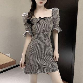Puff-sleeve Houndstooth Mini Dress