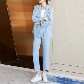 Set : Long-sleeve Double-breasted Plain Blazer + High-waist Straight Leg Plain Dress Pants