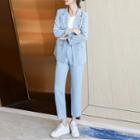 Set : Long-sleeve Double-breasted Plain Blazer + High-waist Straight Leg Plain Dress Pants