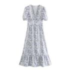Puff-sleeve V-neck Paisley Print Midi A-line Dress