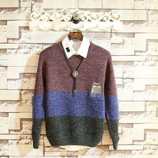 Color Block Cat Embroidered Sweater