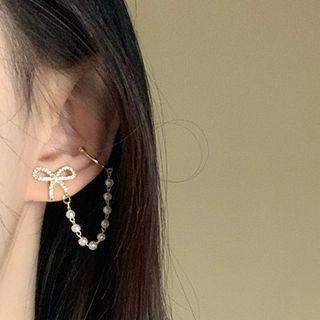 Sterling Silver Ribbon Stud Earring With Ear Cuff 1 Pair - 925 Silver Stud - Gold - One Size