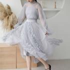 Set: Balloon-sleeve Mesh Blouse + Camisole Top + Fringed Midi A-line Mesh Skirt