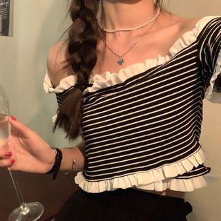 Off-shoulder Frilled Striped Loose-fit Top As Figure - One Size