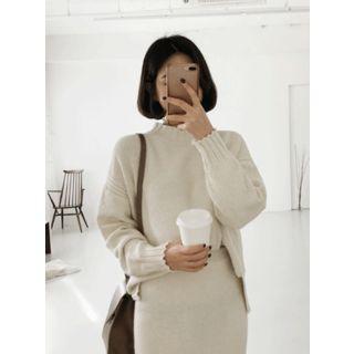 Set: Crew-neck Waffle-knit Sweater + Knit Midi Skirt