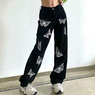 Butterfly Print High-waist Wide-leg Jeans