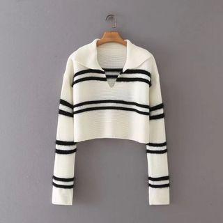 V-neck Striped Cropped Sweater Stripe - One Size
