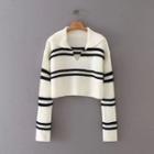 V-neck Striped Cropped Sweater Stripe - One Size