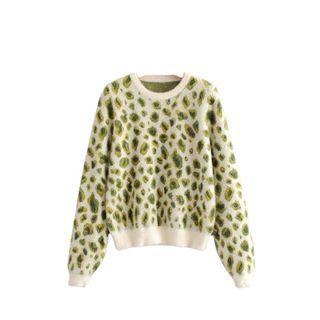 Long Sleeve Leopard Print Loose-fit Sweater Green - One Size