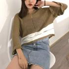 Color-block Frilled 3/4-sleeve Knit Top