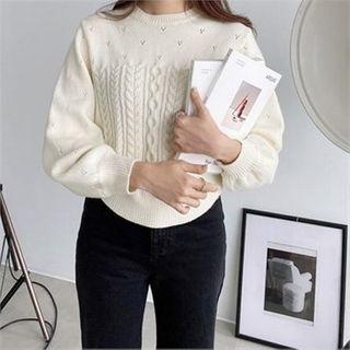 Bishop-sleeve Punched Cable-knit Sweater