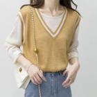 Long-sleeve Round-neck Panel Mock Two-piece Knit Top