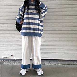 Oversized Long Sleeve Striped Polo Shirt / Contrast Trim Wide-leg Pants