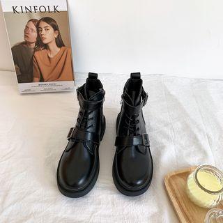 Plain Buckled Lace-up Short Boots