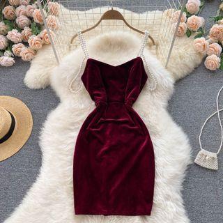 Velvet Pearl Spaghetti-strap Dress