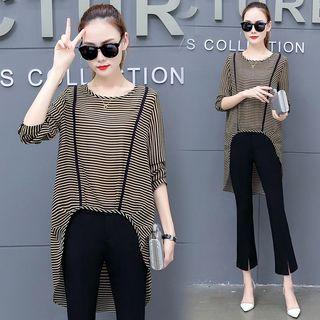 Set: Elbow-sleeve Striped Chiffon Tunic + Boot Cut Pants
