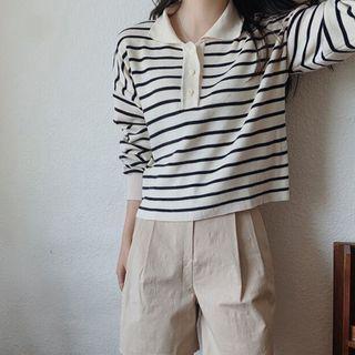 Striped Polo Sweater Milky White - One Size
