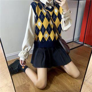 Long-sleeve Plain Shirt / Patterned Knit Vest