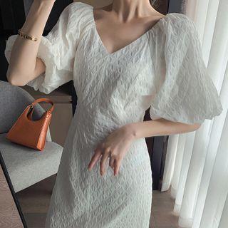 Puff-sleeve Jacquard Midi Sheath Dress