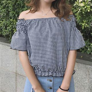 Check Off-shoulder Short-sleeve Top