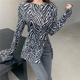 Long-sleeve Pattern Slit-side Top Black & White - One Size