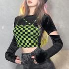 Mock Two-piece Long-sleeve Cutout Checker Print T-shirt