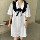 Mock Two-piece Elbow-sleeve Shirt Dress White - One Size