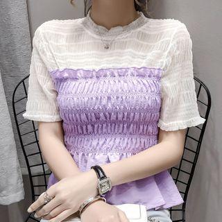 Short-sleeve Crinkled Paneled Blouse