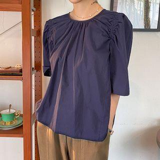 Puff-shoulder Tie-back Shirred Blouse