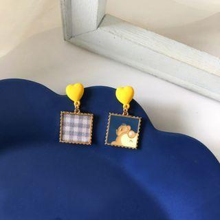 Asymmetrical Heart Square Drop Earring / Clip-on Earring