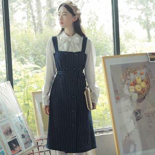 Set: Bow Accent Shirt + Pinstriped Pinafore Midi Dress
