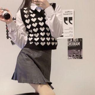 Plain Shirt / Heart Print Sweater Vest